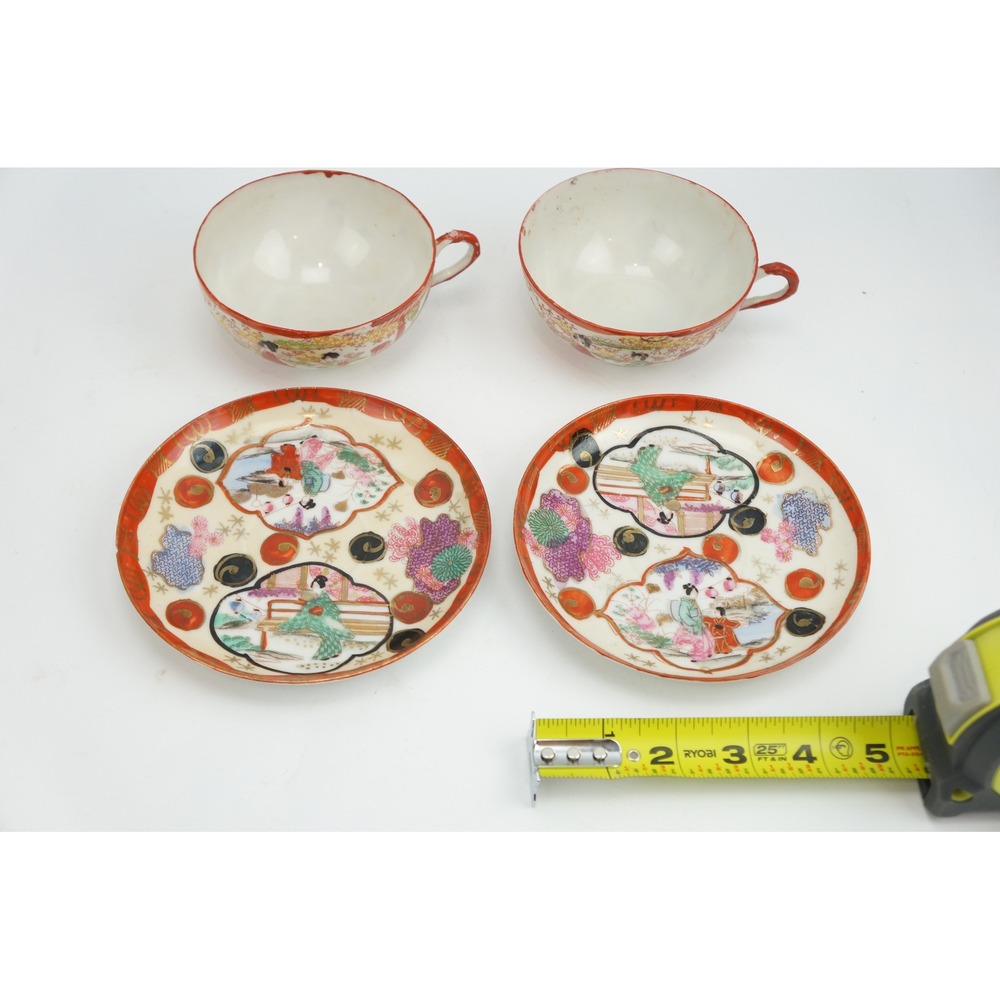 Kutani Tea Set 2 Cups 2 Saucers Japanese Eggshell Porcelain Hand Painted Fair